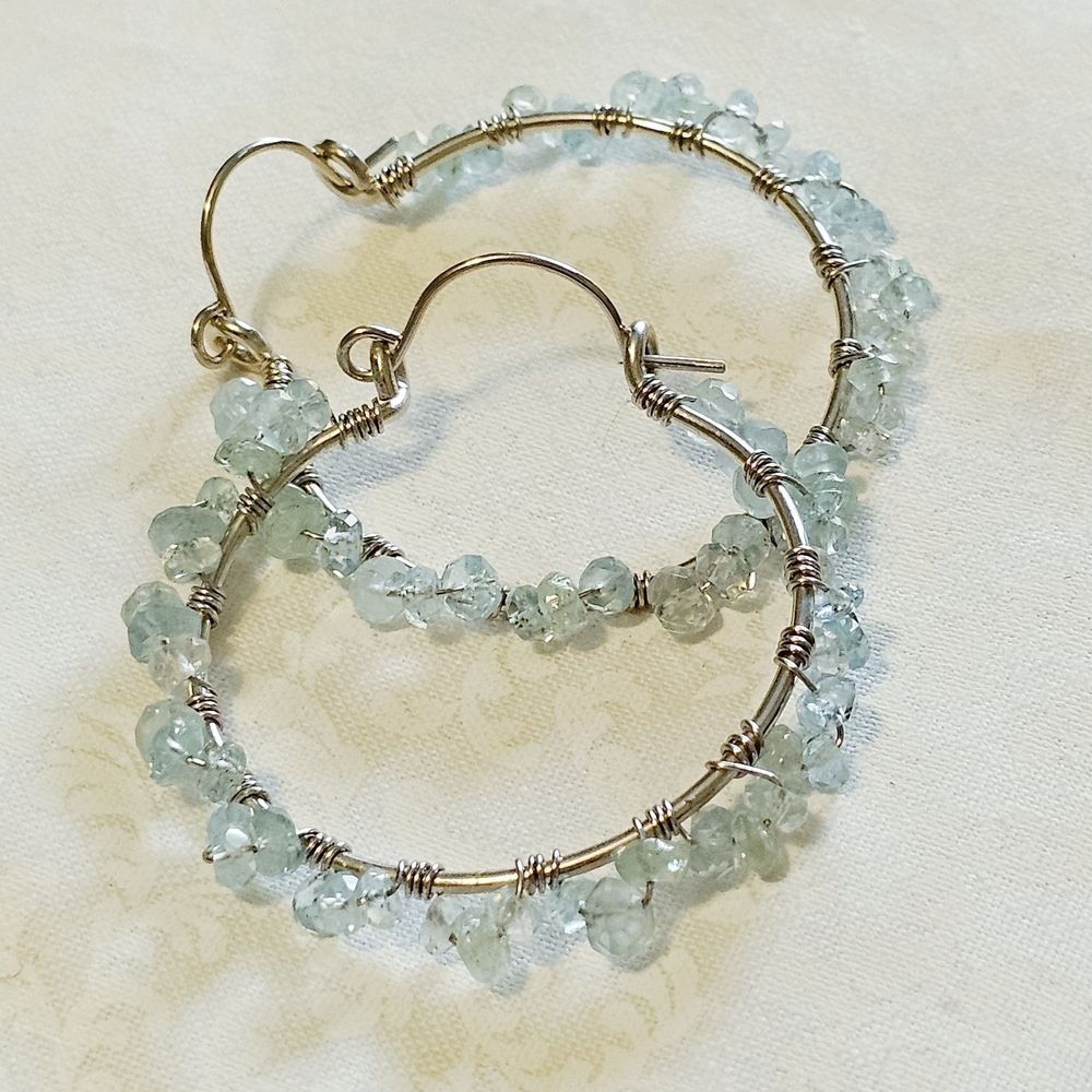 Elegant Silver Hoop Earrings with Light Blue Crystals- Handmade, Wirewrapped